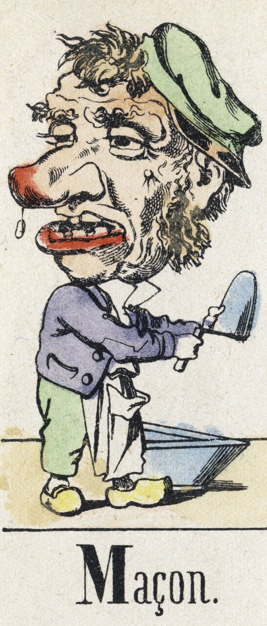 Bokstav M: Macon. Alfabetet i den östra berättelsen. Avbildning av Epinal, cirka 1890. Populär serie. Litet häfte på 8 sidor. Mått: 205x150mm. Stencilerade trästick på temat metier av Unbekannt