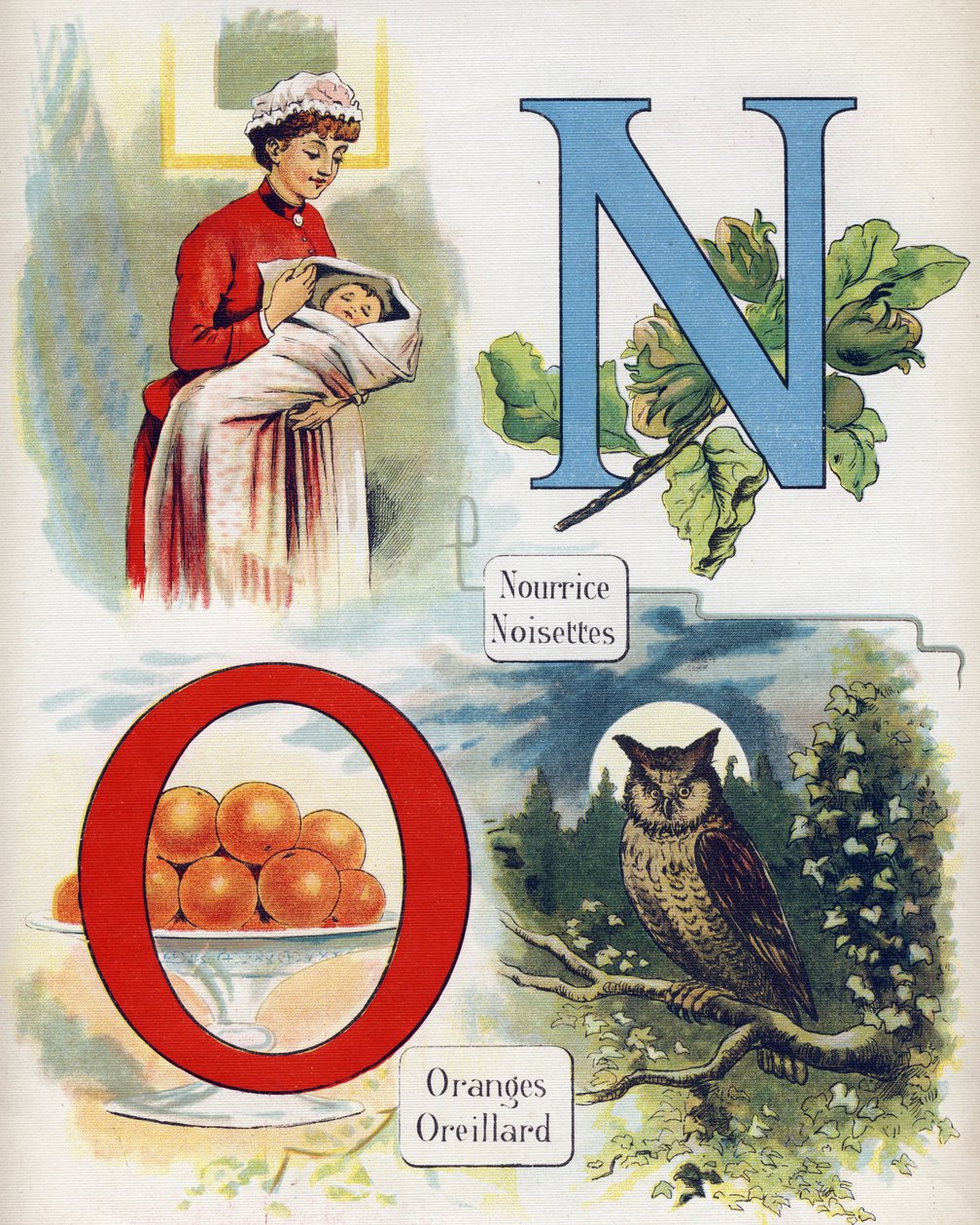 Bokstaven N och O: sjuksköterska, hasselnöt, apelsiner och öra. Gravyr i "ABC L