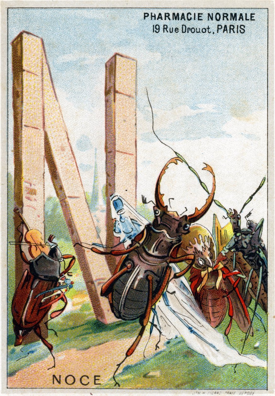 Bokstaven N som bröllop. Herr Mariniers konstnärliga alfabet. Redigerad av Henry Sicard, sent 1800-tal. Reklamkromolitografier för produkter som säljs på apotek. Mått: 12,5 x 9 cm av Unbekannt