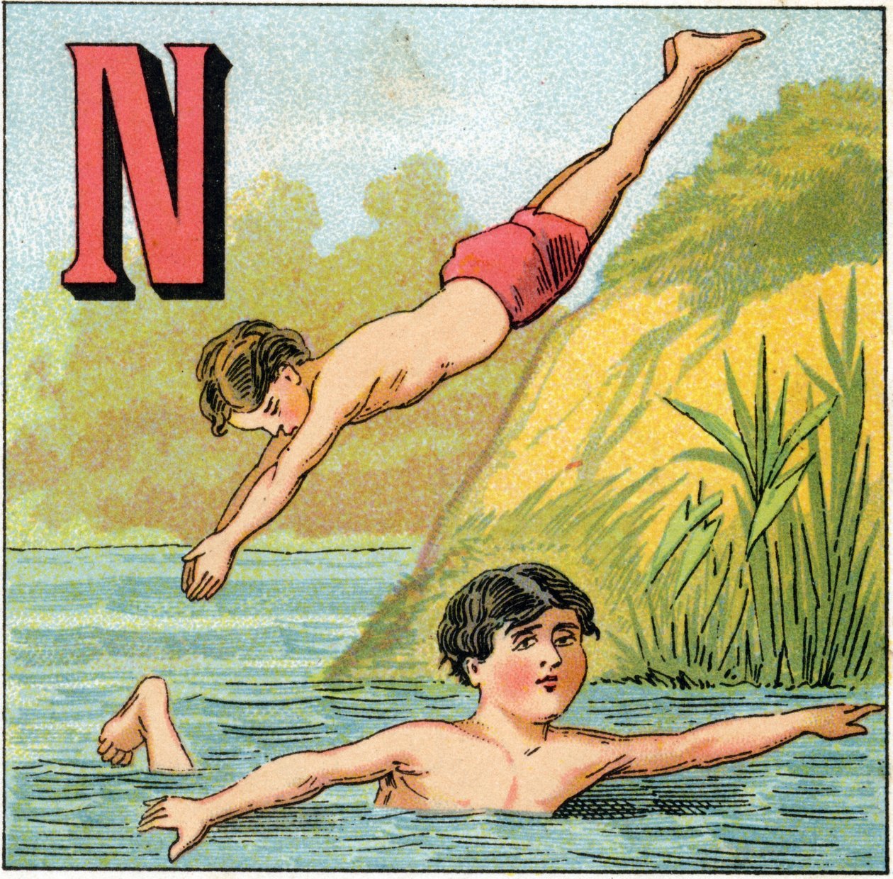 Bokstaven N för simning. Gravyr i "Alphabet des petits ecoliers". Avbildning av Epinal, cirka 1885. Privee Collection av Unbekannt