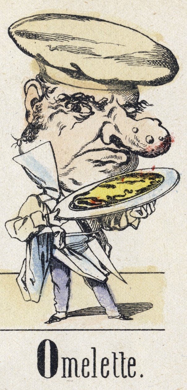 Bokstaven O: Omelett. Alfabetet i den östra berättelsen. Avbildning av Epinal, cirka 1890. Populär serie. Litet häfte på 8 sidor. Mått: 205x150mm. Stencilerade trästick på temat metier av Unbekannt