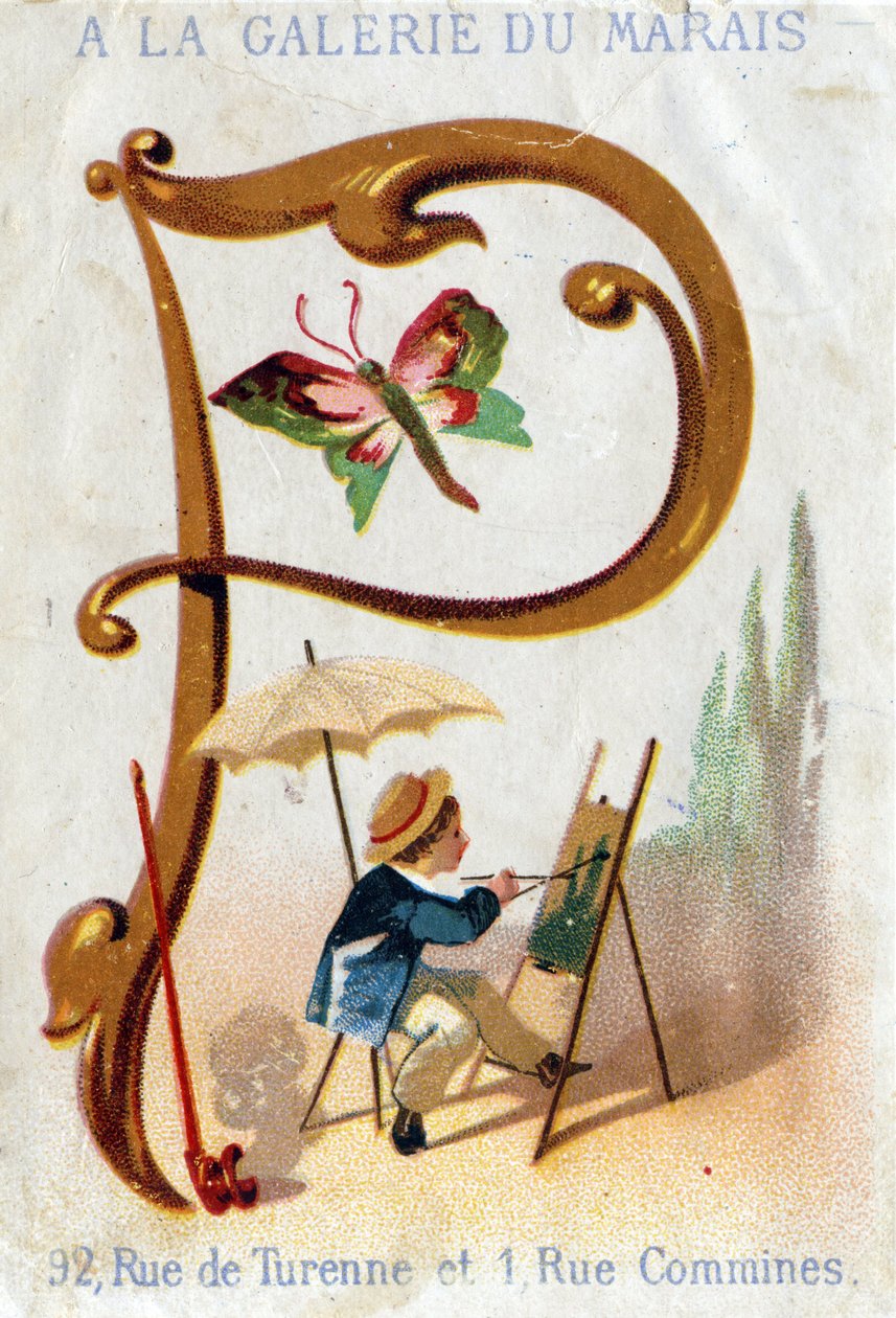 Bokstaven P: målare, fjäril, parasoll, pipa. Alphabet Art Nouveau: Serie med 25 reklamkromolitografier. Litografi av Alfred Clarey, sent 1800-tal. Mått 115x75mm av Unbekannter Künstler
