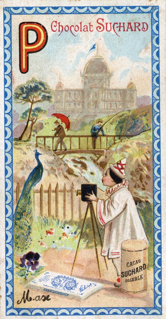 Bokstaven P: palats, paviljong, paraply, fotograf, bro, fiske, påfågel, pensee. Gravyr av alfabetet redigerad av Chocolat Suchard, början av 1900-talet. 24 kromolitografier som representerar platser, karaktärer och föremål som ska upptäckas i av Unbekannt