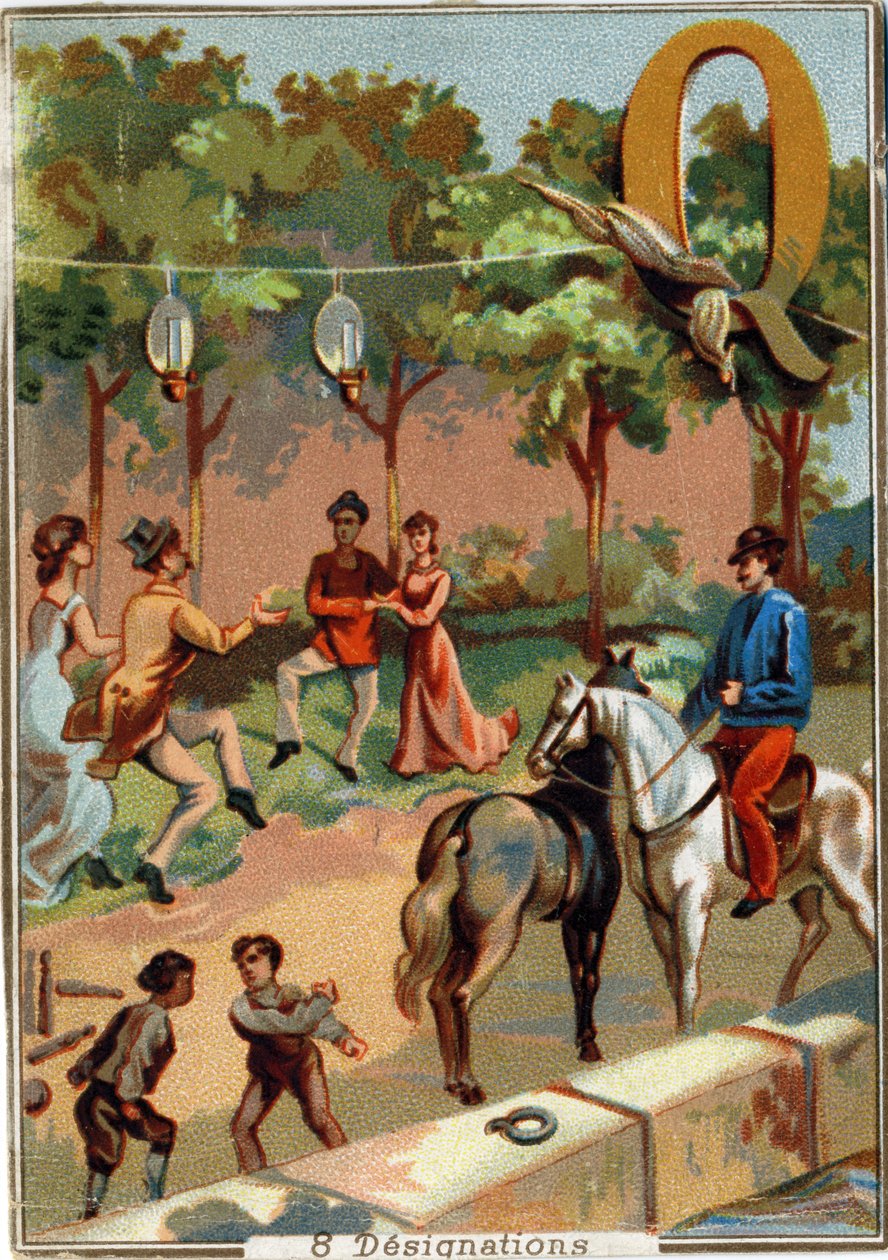 Bokstaven Q: kvadrille; gräl; bowling; starr; quinquets; fyra; kaj. Alfabetet . I varje bild finns ett antal lysande ord vars representationer är iscensatta. Chromolithography of Parisian Lithography, ca 1890. Mått: 10,7x7,5cm . av Unbekannt