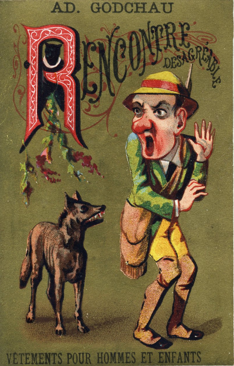 Bokstav R: Otrevligt möte. Gravyr i "Alphabet des grotesques". Serie om 25 reklamkromolitografier på en dore-bakgrund, sent 1800-tal. Mått: 11x7 cm av Unbekannt