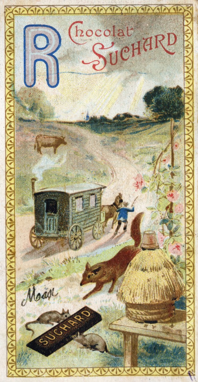 Bokstaven R: rockor, idisslare, släpvagn, bikupa, räv, råttor, ros. Gravyr av alfabetet redigerad av Chocolat Suchard, början av 1900-talet. 24 kromolitografier som representerar platser, karaktärer och föremål som ska upptäckas i bilden. Mått: 105x55mm av Unbekannt