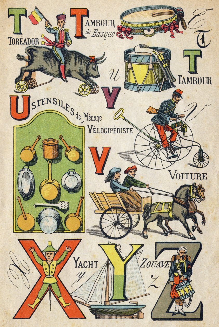 Bokstaven T , U , V , X, Y och Z . Gravyr i "ABC Toys". Epinal avbildning i kromolitografi, ca 1890. Litet häfte om 8 sidor. Mått: 195x135mm, avsedd att ta emot annons i 4:e omslaget. Används hemma, den erbjuder en lysande abecedary och en sm av Unbekannt