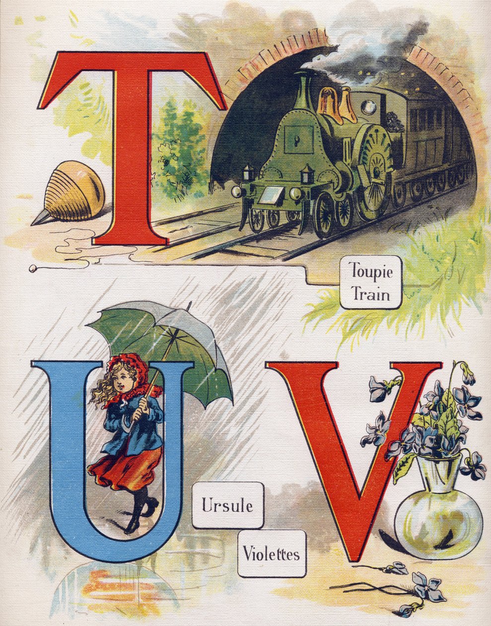 Bokstaven T, U och V: topp, tåg, ursula och violett. Gravyr i "ABC L