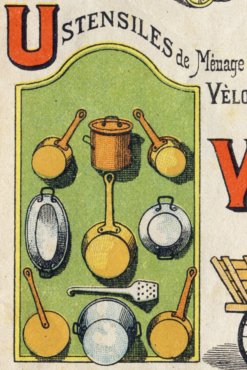 Bokstaven U. Cocote, spis, ekorre, kastrull... Gravyr i "ABC Toys". Epinal avbildning i kromolitografi, ca 1890. Litet häfte om 8 sidor. Mått: 195x135mm, avsedd att ta emot annons i 4:e omslaget. Används hemma, den erbjuder en lysande ab av Unbekannt