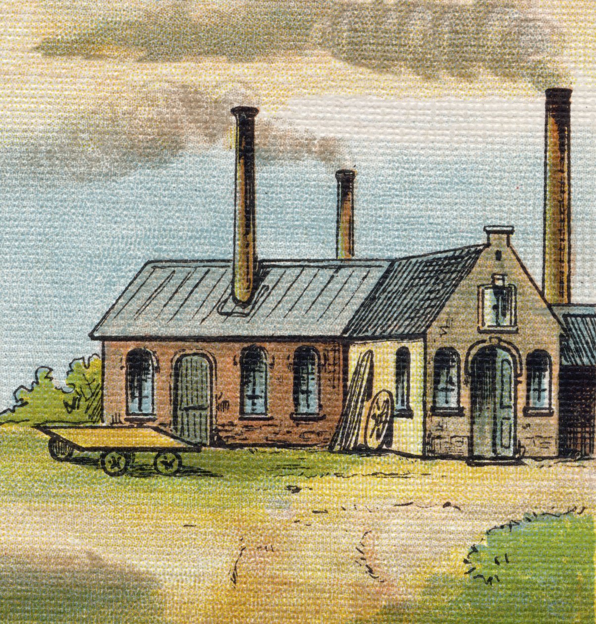 Bokstav U: Fabrik. Gravyr i "Alphabet de ma petite fille". Bernardin-Bechet och Fils, bokhandlare-förlag, Paris, omkring 1895. Okrossbart album på duk. Bibliotheque des Bebes. 12 sidor. Album innehållande en läsmetod och en illustrativ abeced av Unbekannt