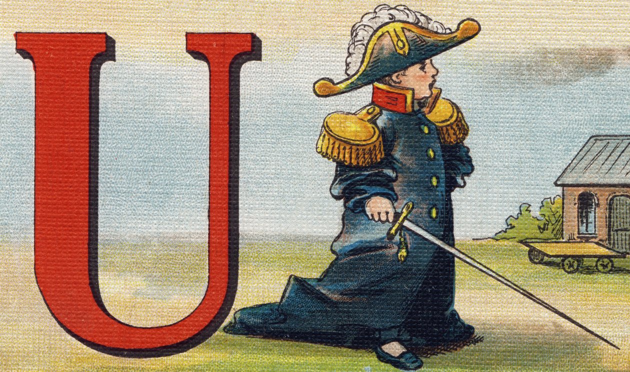 Bokstaven U: uniform. Gravyr i "Alphabet de ma petite fille". Bernardin-Bechet och Fils, bokhandlare-förlag, Paris, omkring 1895. Okrossbart album på duk. Bibliotheque des Bebes. 12 sidor. Album innehållande en läsmetod och en illustrativ abeced av Unbekannt