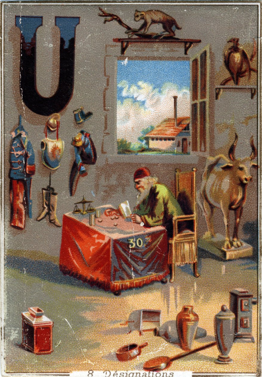 Bokstaven U: uniformer; urna; urus; urubu; lån skarpare; redskap; fabrik. Alfabetet . I varje bild finns ett antal lysande ord vars representationer är iscensatta. Chromolithography of Parisian Lithography, ca 1890. Mått: 10,7x7,5cm . av Unbekannt