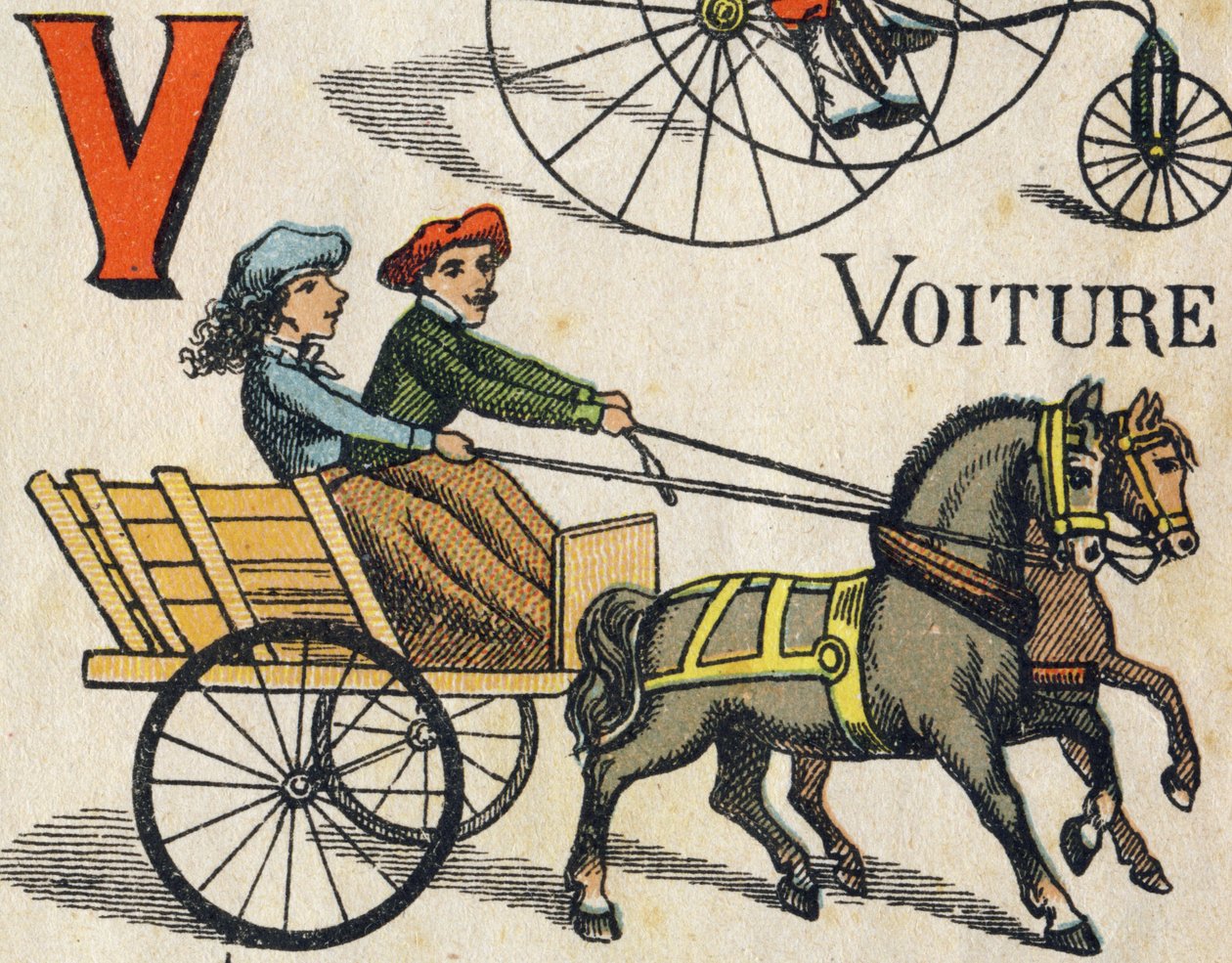 Bokstaven V för bil. Gravyr i "ABC Toys". Epinal avbildning i kromolitografi, ca 1890. Litet häfte om 8 sidor. Mått: 195x135mm, avsedd att ta emot annons i 4:e omslaget. Används hemma, det erbjuder en lysande abecedary och en liten läser mig av Unbekannt