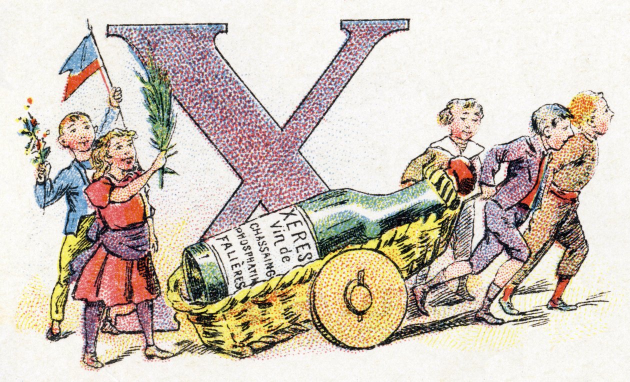 Bokstav X: Xeres. Alfabetet av Phosphatine Falieres. Gravyr. Brevete-alfabetet S.G.D.G. av apotekaren Pierre Emile Falieres. Illustrationer i kromolitografi, sent 1800-tal. 16 sidor. Mått: 103x154mm av Unbekannt