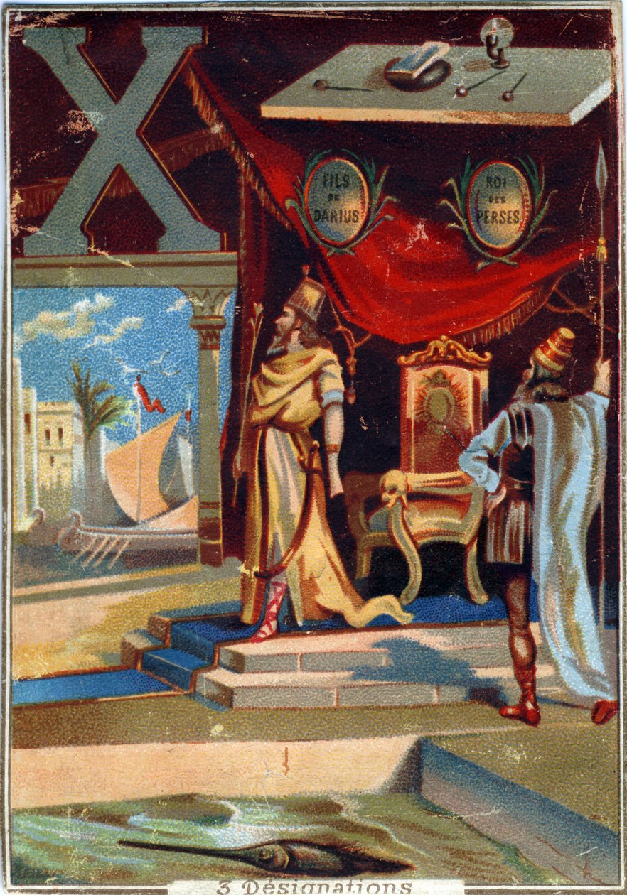 Bokstav X: Xerxes I ; xylografi; xiphias . Alfabetet . I varje bild finns ett antal lysande ord vars representationer är iscensatta. Chromolithography of Parisian Lithography, ca 1890. Mått: 10,7x7,5cm. av Unbekannt
