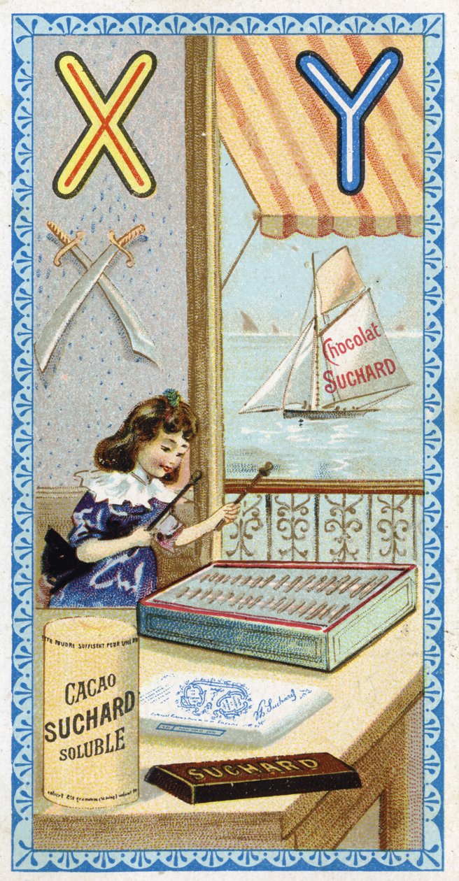 Bokstaven X: xylofonist och Y: yatagan, yacht. Gravyr av alfabetet redigerad av Chocolat Suchard, början av 1900-talet. 24 kromolitografier som representerar platser, karaktärer och föremål som ska upptäckas i bilden. Mått: 105x55mm av Unbekannt