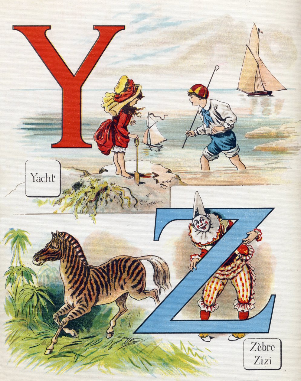 Bokstaven Y och Z: Yatch, zebra och clownen Zizi. Gravyr i "ABC L