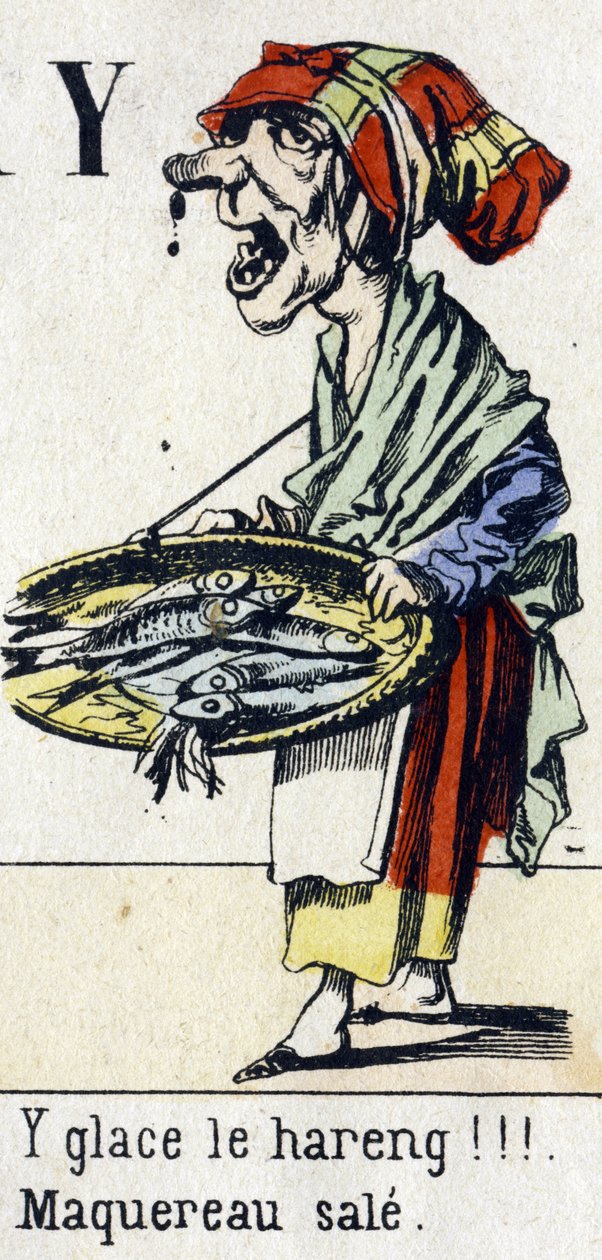 Bokstaven Y: "isa sillen!!! Smutsig makrill". Alfabetet "Barns kul". Avbildning av Epinal, cirka 1890. Populär serie. Litet häfte på 8 sidor. Stencilerade trästick på temat små gatumetier och Paris rop av Unbekannt