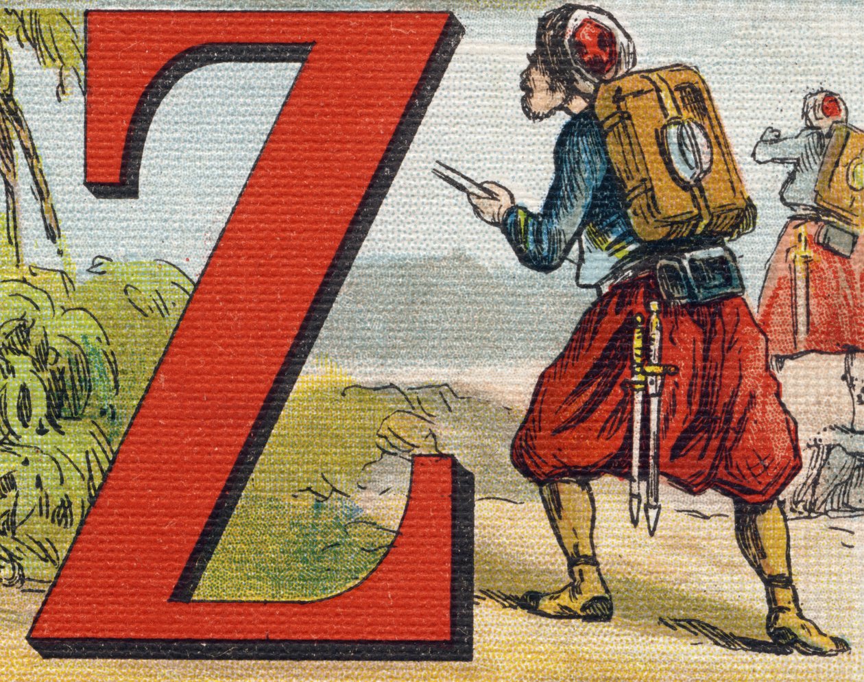Bokstav Z: Zouave. Gravyr i "Alphabet de ma petite fille". Bernardin-Bechet och Fils, bokhandlare-förlag, Paris, omkring 1895. Okrossbart album på duk. Bibliotheque des Bebes. 12 sidor. Album innehållande en läsmetod och en illustrativ abeceda av Unbekannt