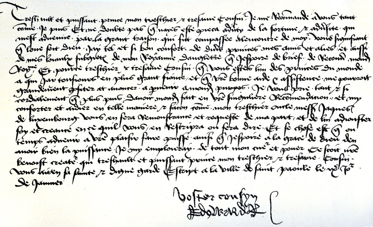 Brev från kung Edvard IV till Frans II, hertig av Bretagne, där han ber om hjälp för att återupprätta sitt rike, skrivet i Saint-Pol den 9 januari av Unbekannt