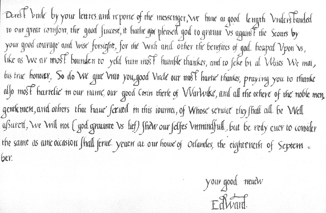 Brev från kung Edward VI vid 9 års ålder till sin farbror, Edward Seymour, där han gratulerade honom till segern över skottarna i slaget vid Pinkie den 10 september av Unbekannt