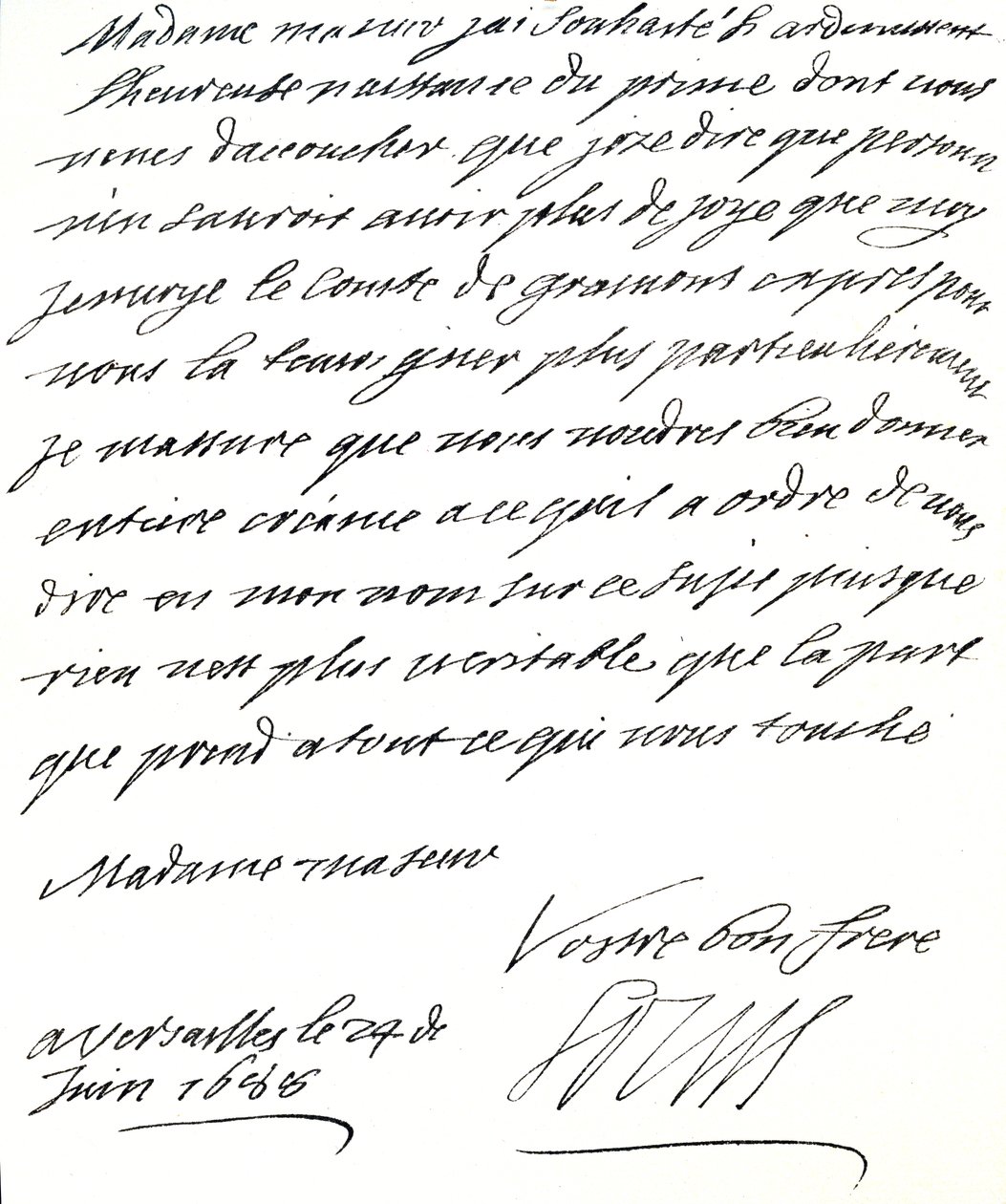 Brev från Ludvig XIV till Maria av Modena, där hon gratulerar henne till födelsen av en prins, James Edward, Prince of Wales av Unbekannt