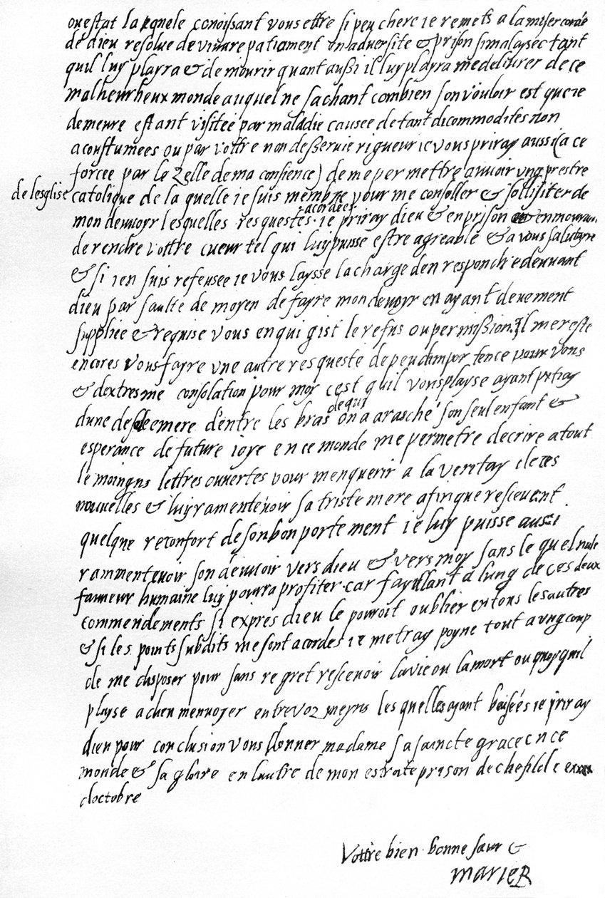 Brev från Mary Queen of Scots medan hon satt i fängelse i Sheffield till drottning Elizabeth I av England, där hon bad om att få konferera med en av hennes franska tjänare, för att få trösten att bli tillåten en katolsk präst och att kunna korrespondera öp av Unbekannt