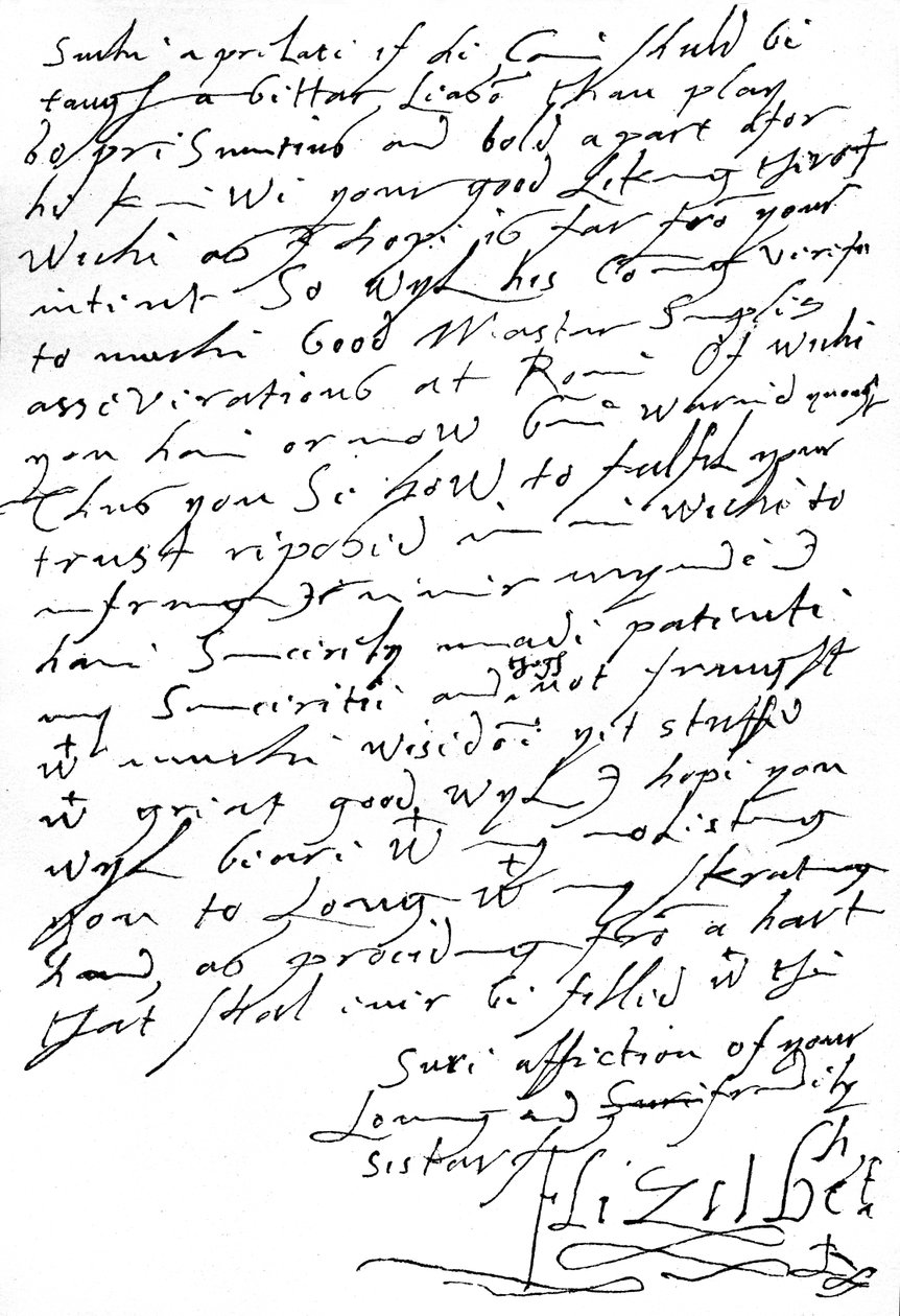Brev från drottning Elizabeth I till kung James VI av Skottland (senare James I av England) skrivet 11 veckor före hennes död där hon gör en självironerande hänvisning till sin dåliga "skratande" handstil, 5 januari av Unbekannt