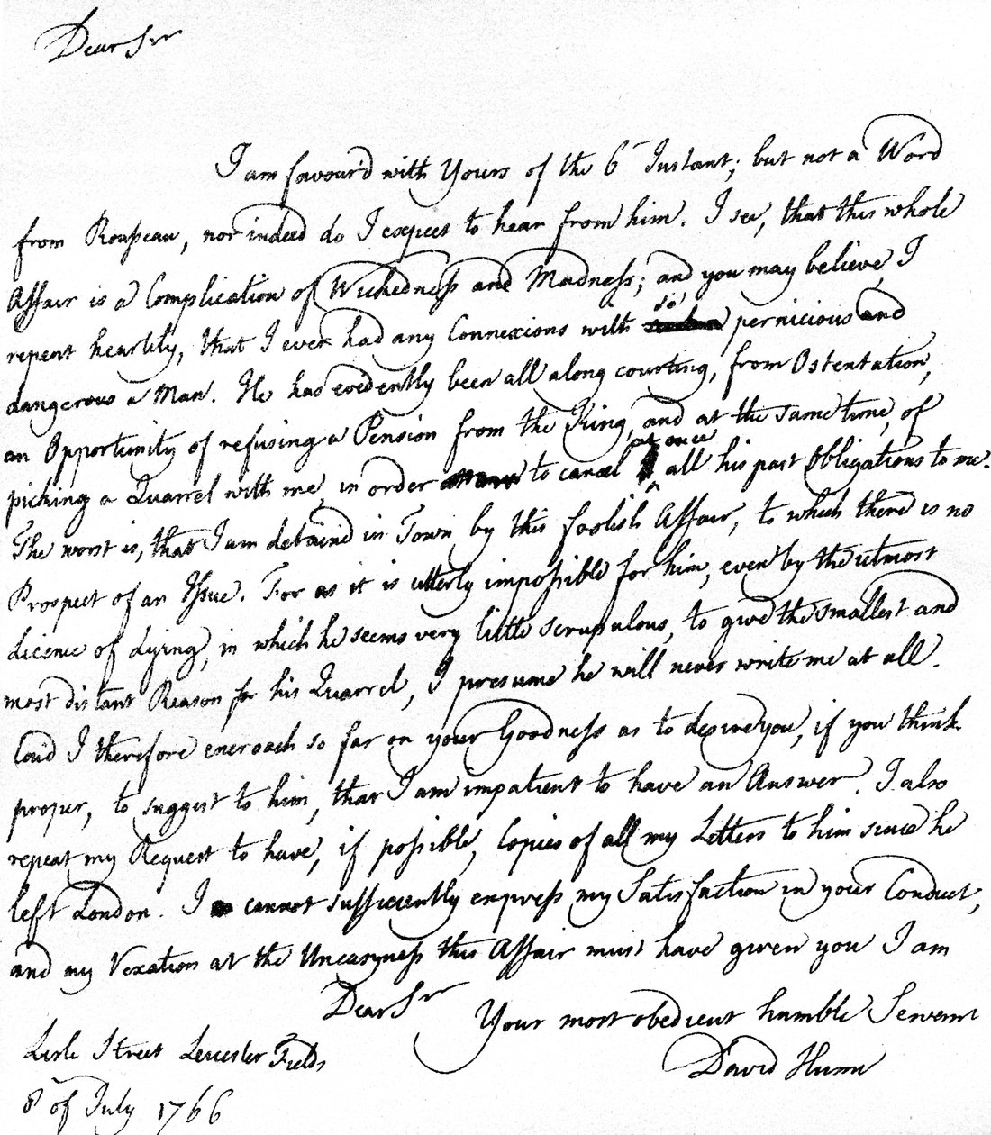 Brev skrivet av David Hume till Richard Davenport som hänvisar till de stora svårigheterna i hans förhållande till Jean-Jacques Rousseau, Rousseaus vägran att acceptera pension och hans gräl med Hume, 8 juli av Unbekannt