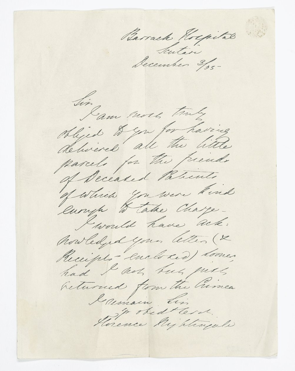 Brev skrivet av Florence Nightingale, på Barrack Hospital, Scutari (bläck på papper) av Unbekannt