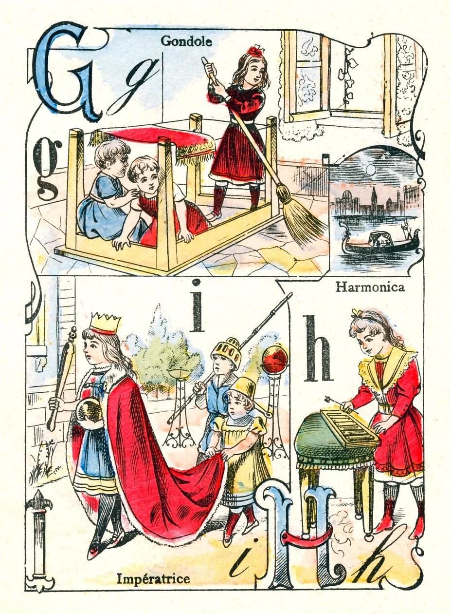 Bokstäverna G, I och H. Barn som spelar gondol, imperatrice och munspel. Gravyr i "Roligt alfabet". Avbildning av Pont-a-Mousson. Tryckning och utgivning Louis Vagne, slutet av 1800-talet av Unbekannt