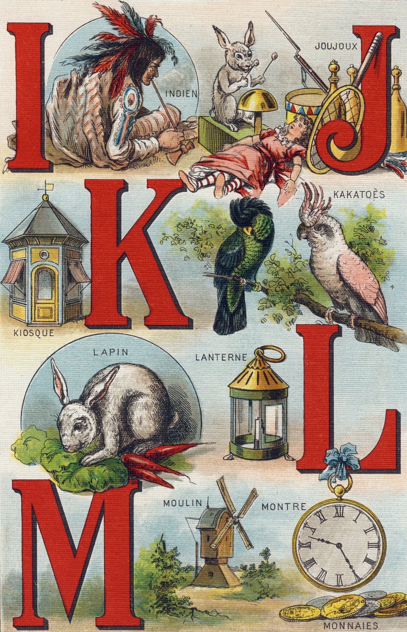 Bokstäver I J K L; indisk; Leksaker; Kakatoes; Kiosk; Lykta; Kanin; Titta på mynt; kvarn. Gravyr i "Mitt barnbarns alfabet". Bernardin-Bechet och Fils, bokhandlare-förlag, Paris, omkring 1895. Okrossbart album på duk. Babybibliotek. 12 av Unbekannt