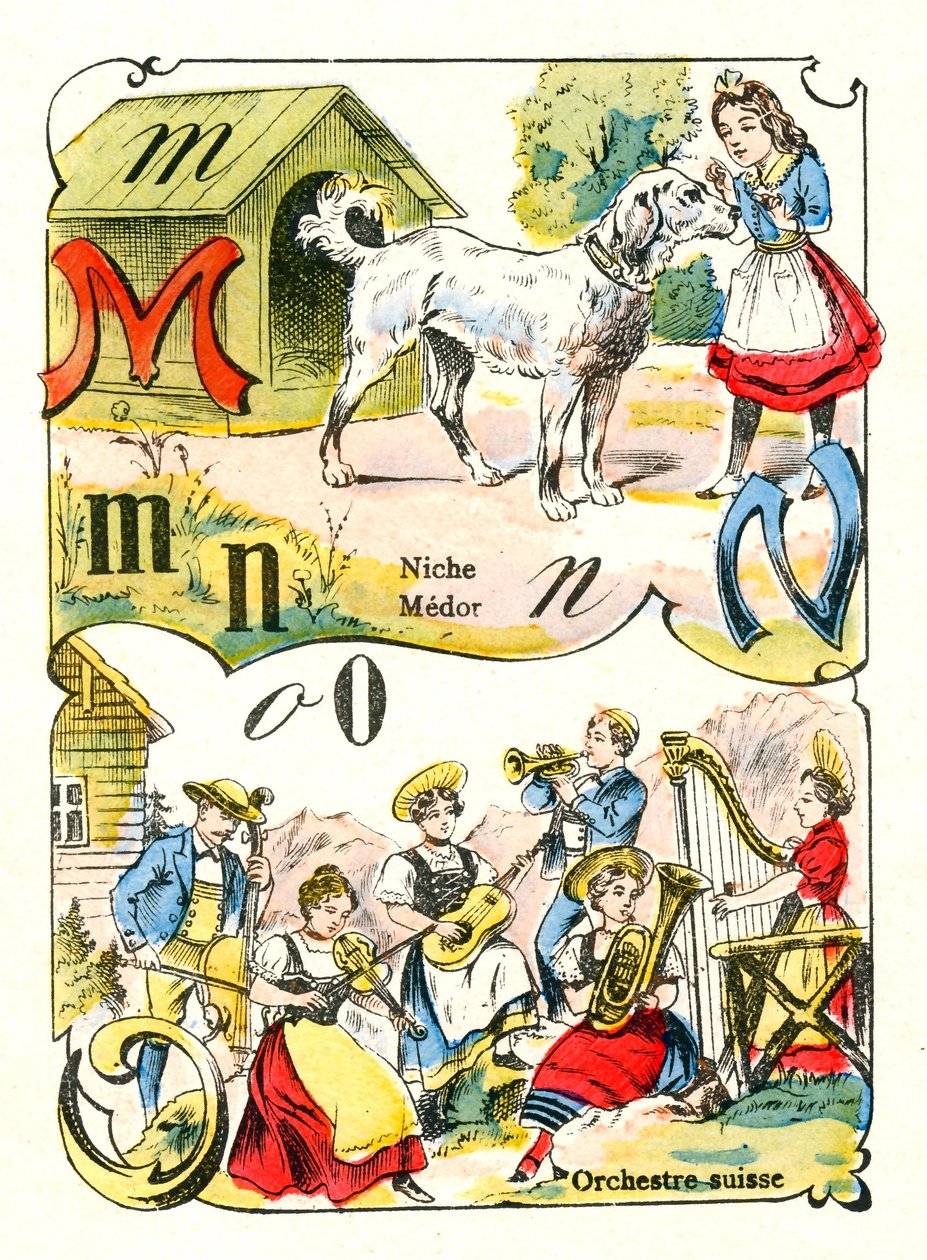 Bokstäverna M N och O som Medor, Niche och Swiss Orchestra. Gravyr i "Roligt alfabet". Avbildning av Pont-a-Mousson. Tryckning och utgivning Louis Vagne, slutet av 1800-talet av Unbekannt