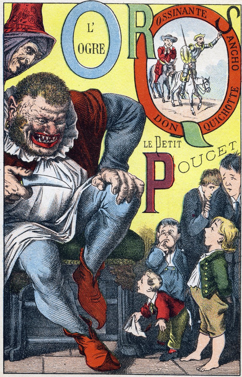 Bokstäver: O P Q R S - The Ogre and the Peucet, Don Quixote, Rossinante och Sancho - Gravyr i "ABC Les Images en Alphabet" - Imaging d