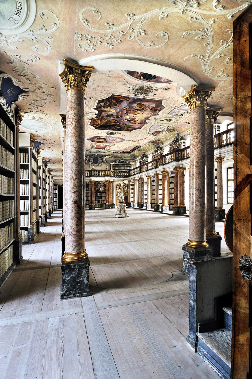 Bibliotek för Benediktinerklostret Ottobeuren, Baviere, Tyskland, Europa. Fotografi av Unbekannter Künstler