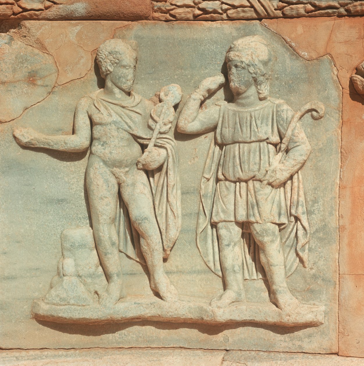 Libyen, historiska Tripolitania, antika Sabratha, teater, detalj av lättnad av William M. Timlin