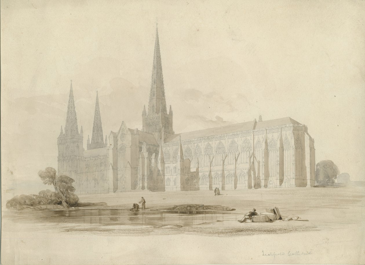 Lichfield Cathedral - South East View: ritning och tvätt, nd [?1800-talet] av Unbekannt