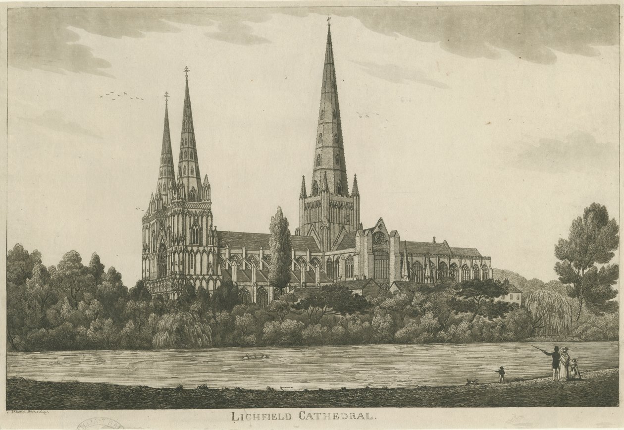 Lichfield Cathedral - South View: akvatintgravyr, nd [c 1820-1830] av Unbekannt