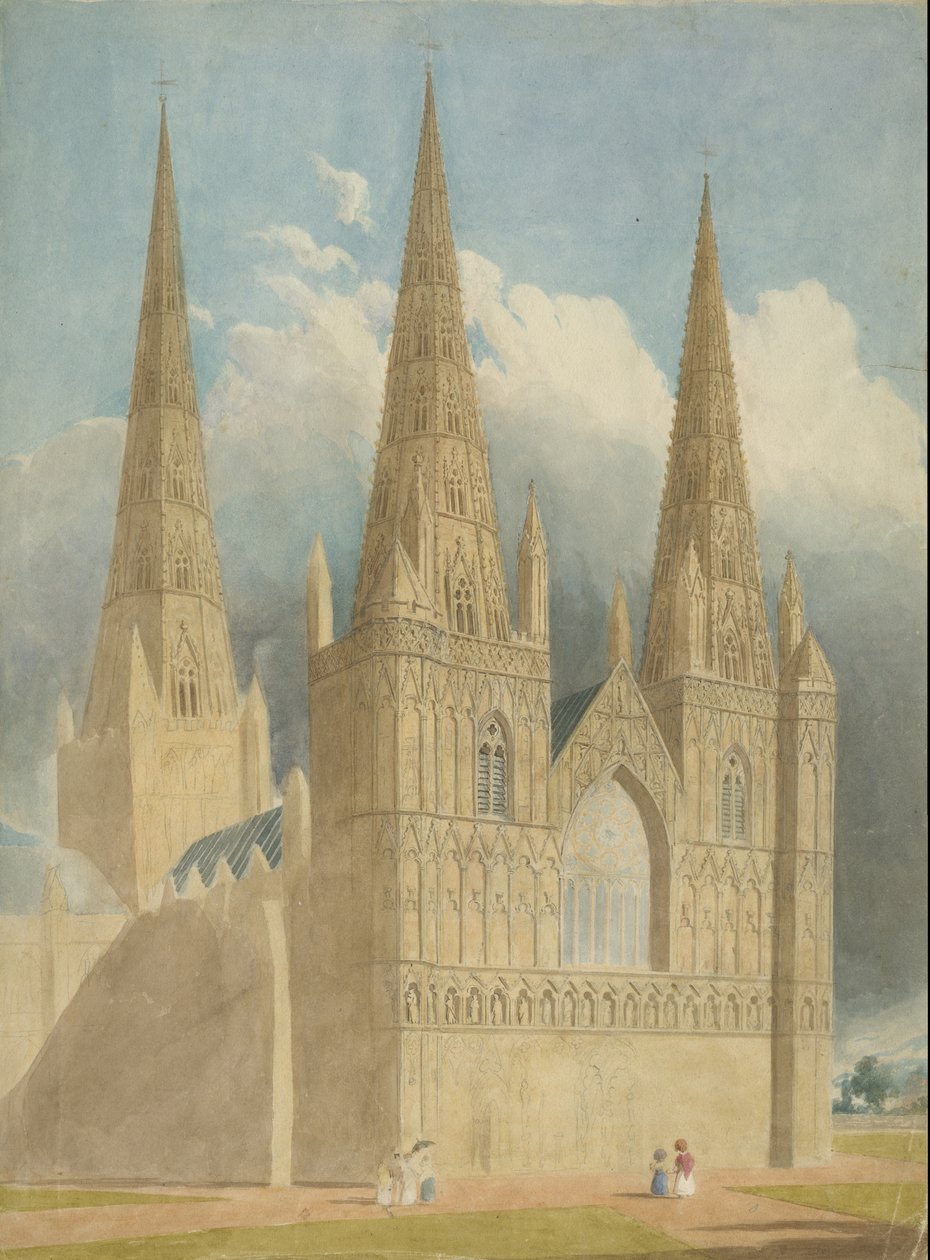 Lichfield Cathedral - West Front: akvarellmålning och [c 1840] av Unbekannt