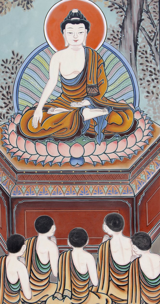 Buddhas liv Som Buddha, en uppvaken, återvände han för att lära sina fem medutövare den ädla sanningen om otillfredsställelse, den ädla sanningen om orsaken (begär), den ädla sanningen om upphörande och den ädla 8-faldiga vägen som leder till upphörandet av Unbekannt