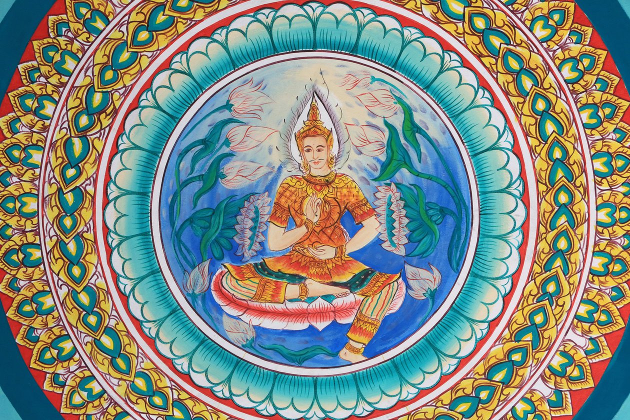Buddhas liv. Takkonstverk som visar Buddhas liv. Wat Inpeng. Vientiane. Laos, 20151029, Vientiane, Laos av Unbekannt