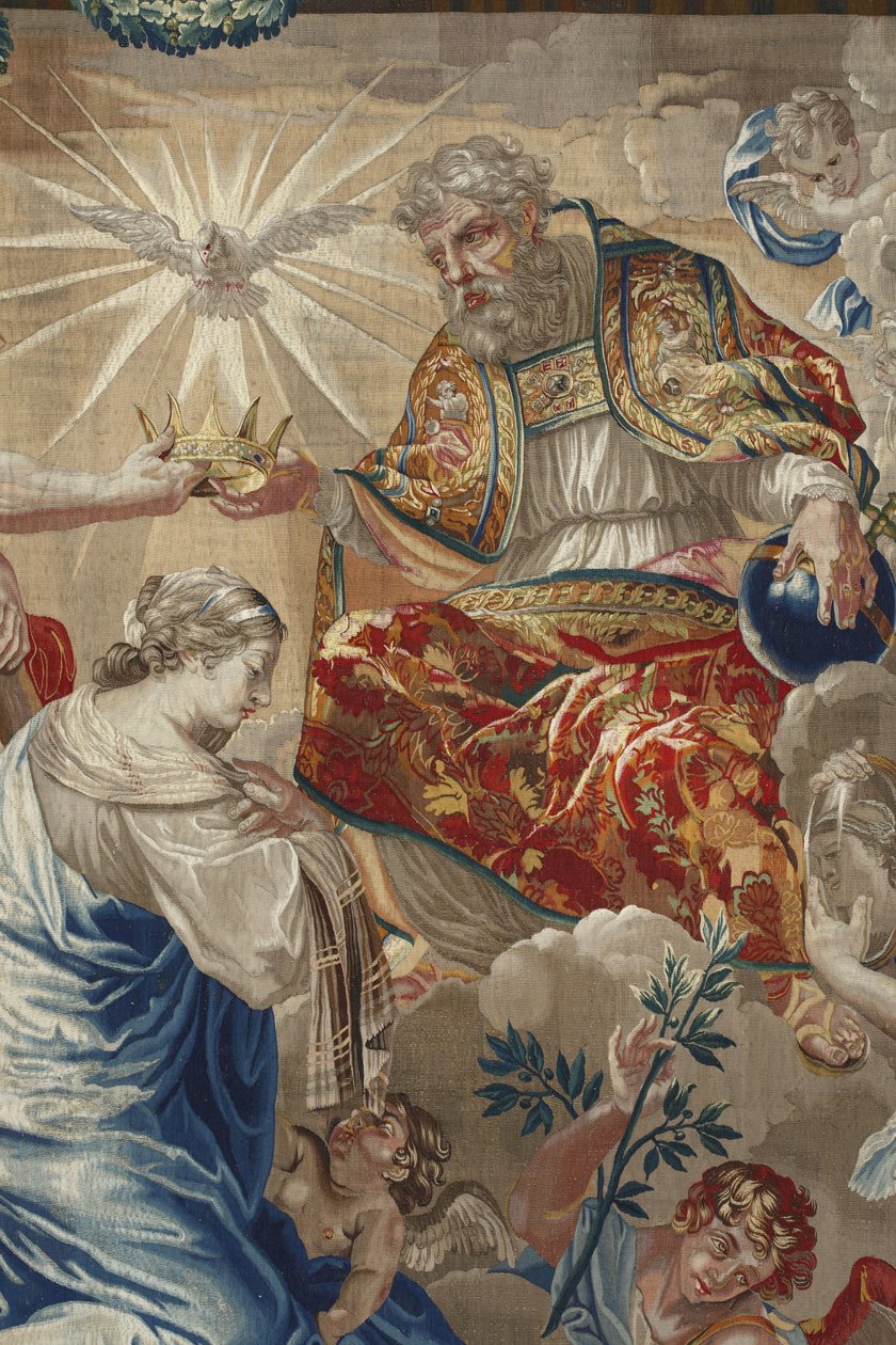 Jungfruns liv: "Jungfruns kröning" Detalj som visar Gud och den helige Andes duva (Helig Ande) ovanför Jungfrun - Gobeläng av ull och siden tillverkad i Pierre Damours verkstad från Charles Poersons teckningar (1609-1667) av Unbekannt