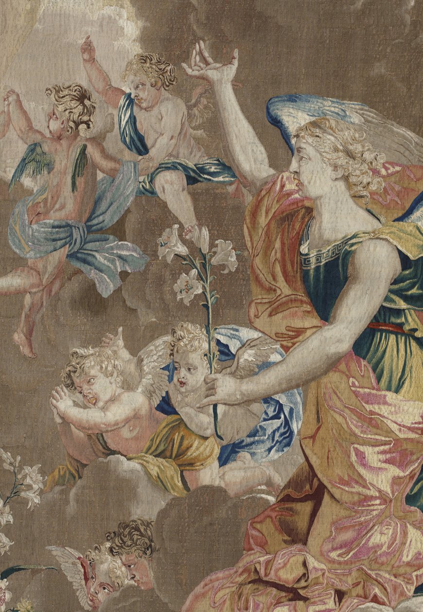 Jungfruns liv: "Bebådelsen"" - Detaljtapet av ull och siden tillverkat i Pierre Damours verkstad efter teckningar av Charles Poerson (1609-1667) av William M. Timlin