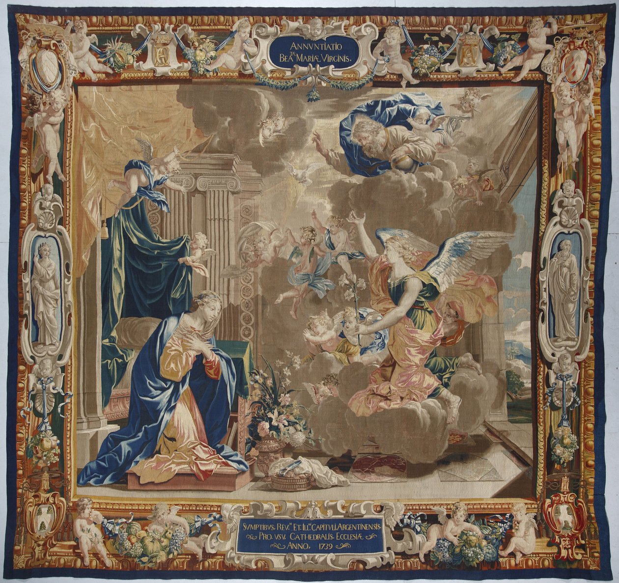 Jungfruns liv: "Bebådelsen"" Vi ser Gud och den helige Andes (Helige Ande) duva ovanför scenen - Ull- och sidenväv gjord i Pierre Damours verkstad från Charles Poersons teckningar (1609-1667) av Unbekannt