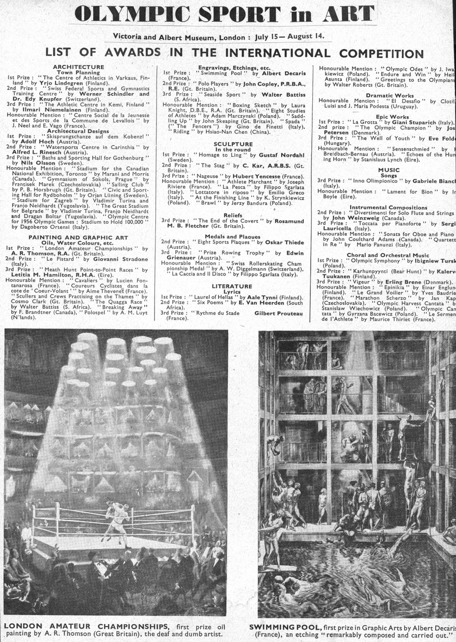 Lista över vinnare av priser för arkitektur, konst, skulptur, litteratur, drama och musik vid de olympiska spelen i London 1948 (litho) av Unbekannt