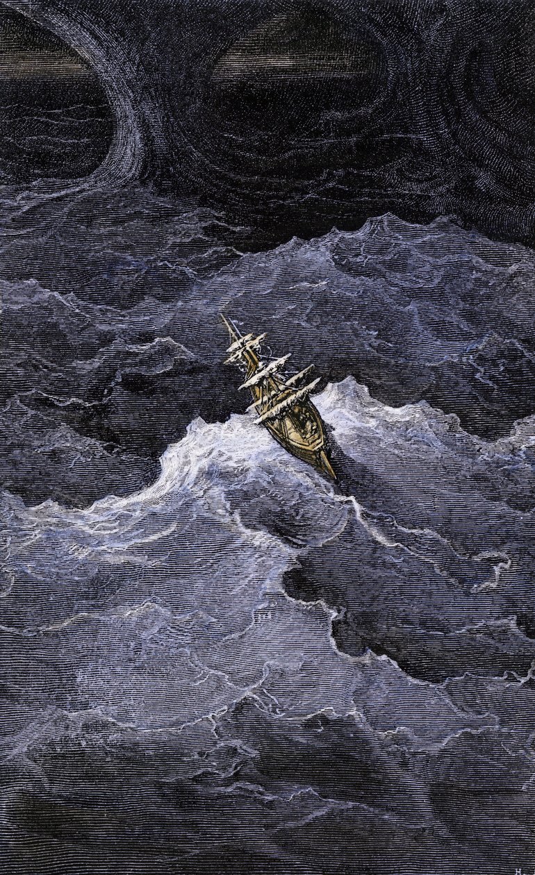 Litteratur: Båt mitt i havet. Illustration till Samuel Taylor Coleridges (1772-1834) roman "Rime of the Ancient Mariner". Gravyr i färg efter en illustration av Gustave Dore. av Unbekannter Künstler