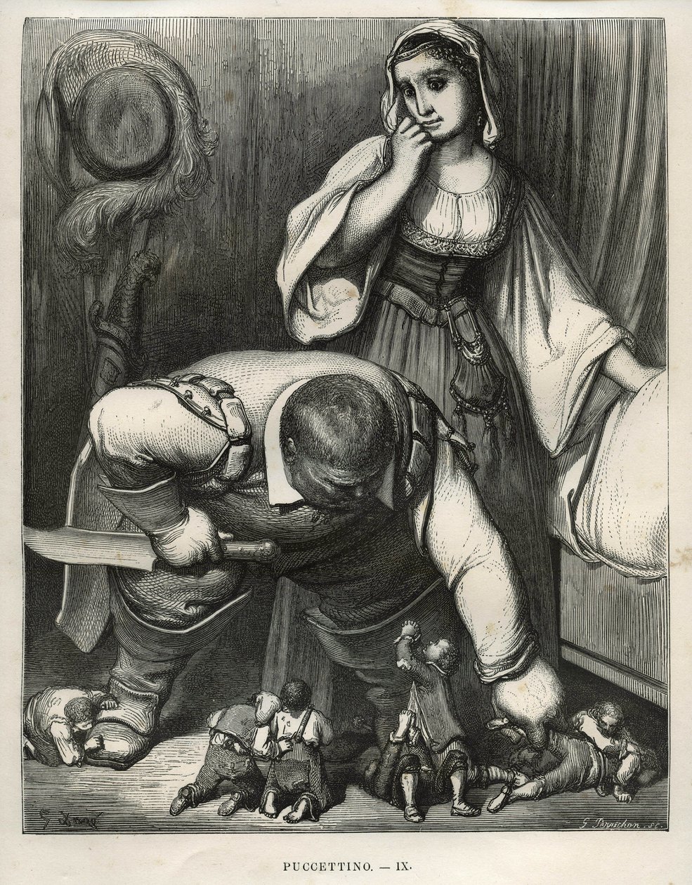 Lille Pouket och hans bröder bad ogren att inte döda dem Gravyr av Gustave Dore (1832-1883) från Charles Perraults "" Les Tales" (1628-1703) av Unbekannt