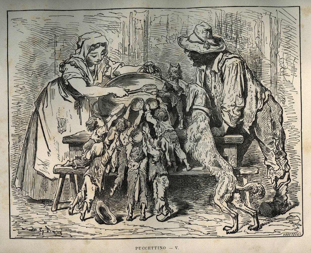 Lille Poulet och hans hungriga bröder. Gravyr av Gustave Dore (1832-1883) från "" Les contes"" av Charles Perrault (1628-1703) av Unbekannt