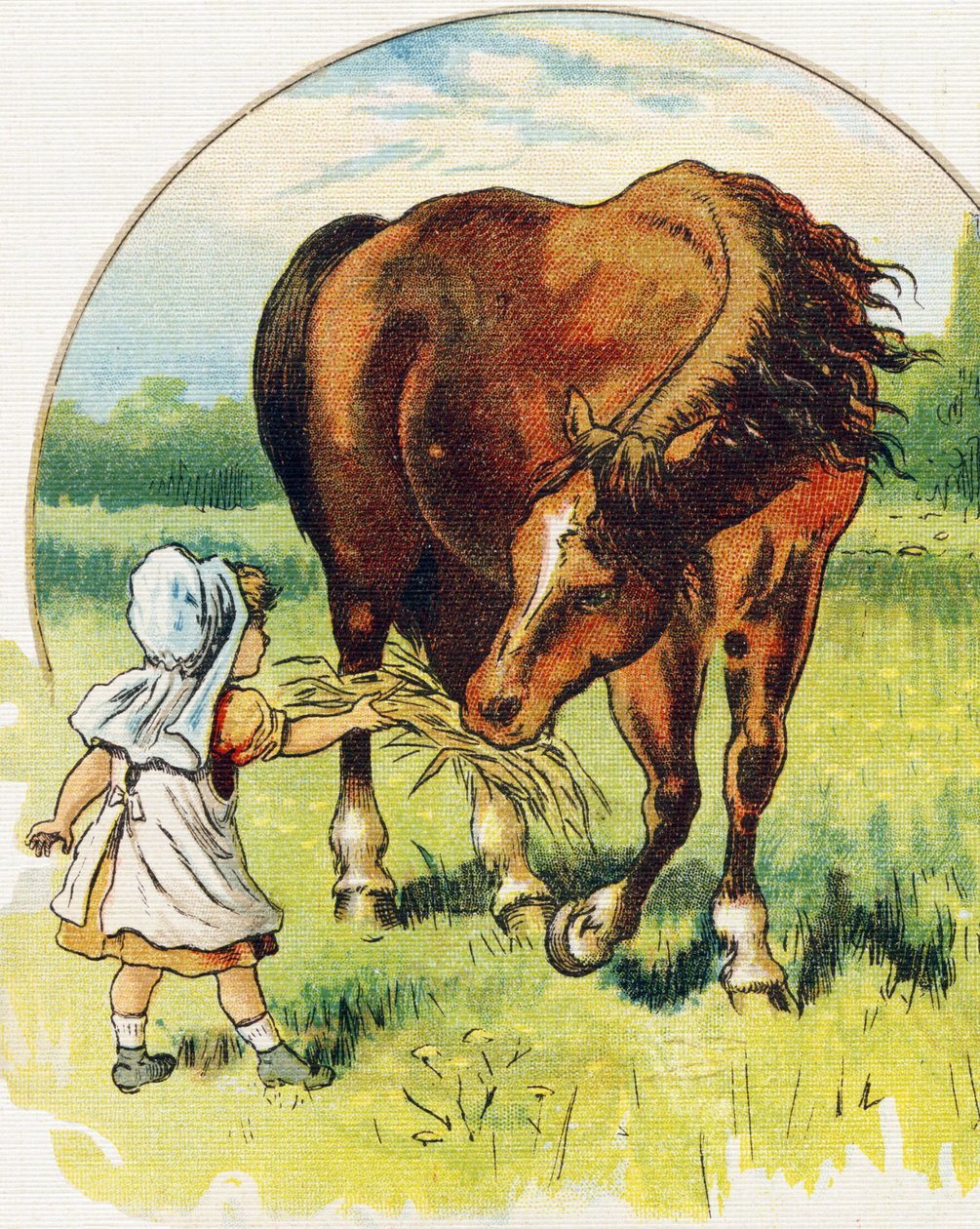 Liten flicka som ger hö till en häst. Gravyr i "ABC L