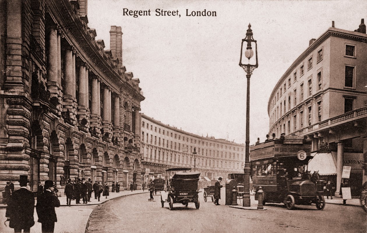 London - Regent Street med tidiga spårvagnar, bilar. I början av 1900-talet (vykort) av Unbekannter Künstler